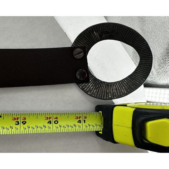 Chico's Belt Adjustable Brown Leather Hook Silver Gold Tone Big Buckle Statement - Picture 13 of 13